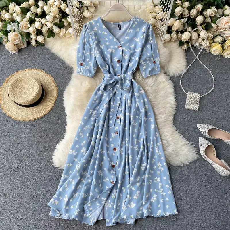 LVSANW French Sweet Floral Dress Women V Neck Puff Sleeve Single-Breasted Belt Dress Summer Bohemian Print A-line Midi Dress