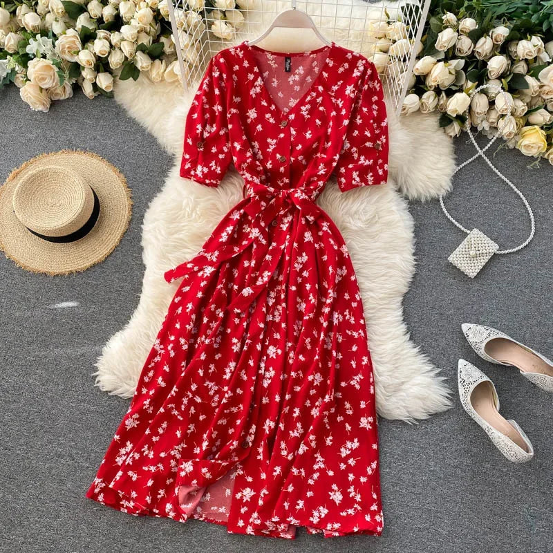 LVSANW French Sweet Floral Dress Women V Neck Puff Sleeve Single-Breasted Belt Dress Summer Bohemian Print A-line Midi Dress