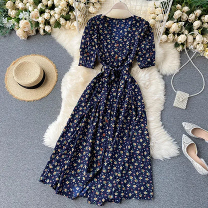 LVSANW French Sweet Floral Dress Women V Neck Puff Sleeve Single-Breasted Belt Dress Summer Bohemian Print A-line Midi Dress