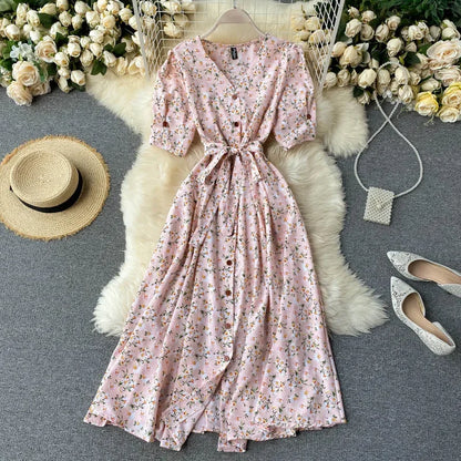 LVSANW French Sweet Floral Dress Women V Neck Puff Sleeve Single-Breasted Belt Dress Summer Bohemian Print A-line Midi Dress