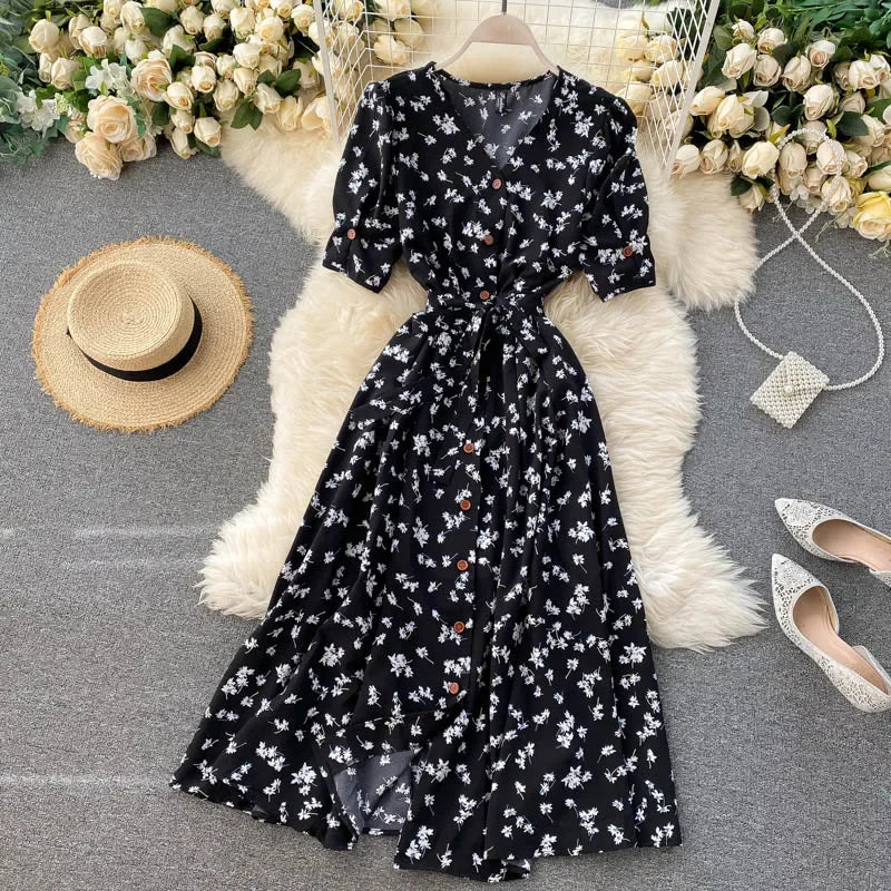 LVSANW French Sweet Floral Dress Women V Neck Puff Sleeve Single-Breasted Belt Dress Summer Bohemian Print A-line Midi Dress