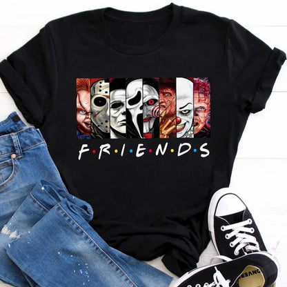 LVSANW Friends T Shirt Best Stephen King Horror Characters Printed Cartoon Women Fashion Tops Oversized Tee Halloween Clothes Women