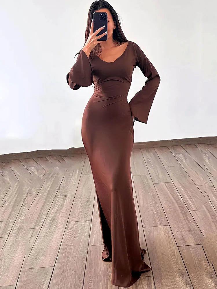 LVSANW GACVGA Elegant Flare Sleeve Women's Casual Maxi Dress 2024 Spring Autumn Lace-Up Slim Fashion Sexy Bodycon Club Party Long Dress