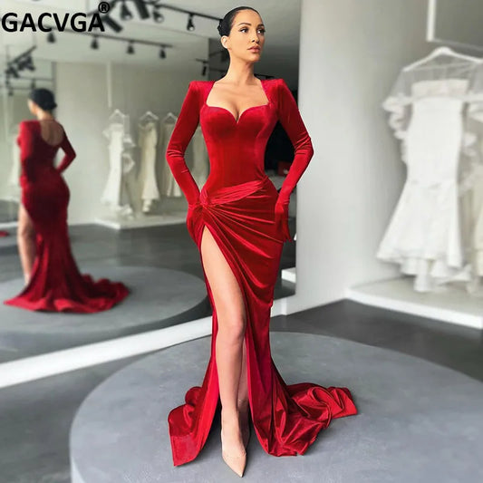 LVSANW GACVGA Elegant Long Dress Evening Party Gown Outfits Women Gloves Sleeve Red Velvet Sexy Slit Maxi Dresses Bridesmaid Vestidos