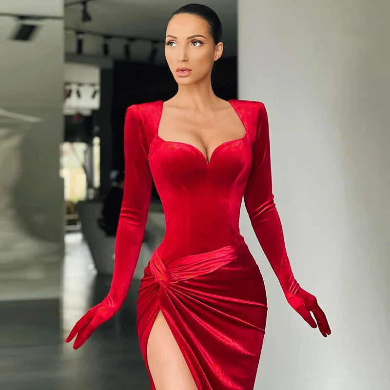 LVSANW GACVGA Elegant Long Dress Evening Party Gown Outfits Women Gloves Sleeve Red Velvet Sexy Slit Maxi Dresses Bridesmaid Vestidos