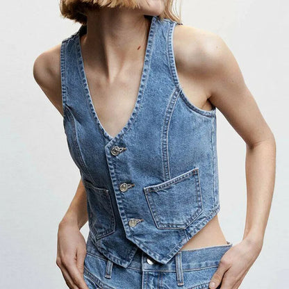 LVSANW Gaono Women Denim Vest Sleeveless Crop Tops Button Denim Gilet Jacket Casual V Neck Jean Waistcoat Y2K Streetwear