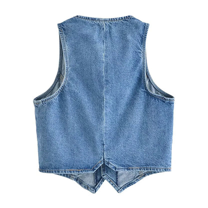 LVSANW Gaono Women Denim Vest Sleeveless Crop Tops Button Denim Gilet Jacket Casual V Neck Jean Waistcoat Y2K Streetwear