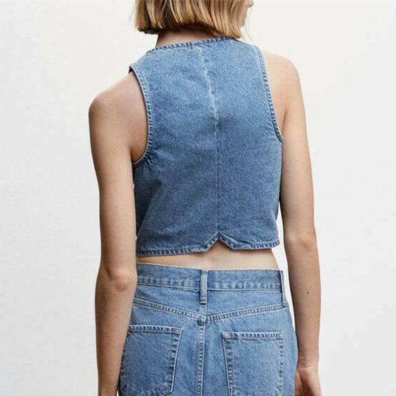 LVSANW Gaono Women Denim Vest Sleeveless Crop Tops Button Denim Gilet Jacket Casual V Neck Jean Waistcoat Y2K Streetwear