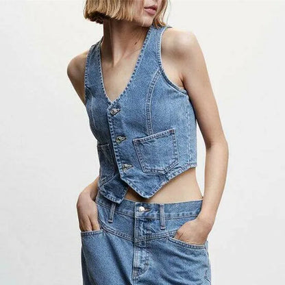 LVSANW Gaono Women Denim Vest Sleeveless Crop Tops Button Denim Gilet Jacket Casual V Neck Jean Waistcoat Y2K Streetwear