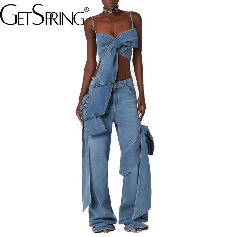 LVSANW GetSpring Women Denim Pants Sets 2024 Vintage 3D Bow Strapless Backless Sexy Crop Tops Straight Wide Leg Jeans Two Pieces Sets