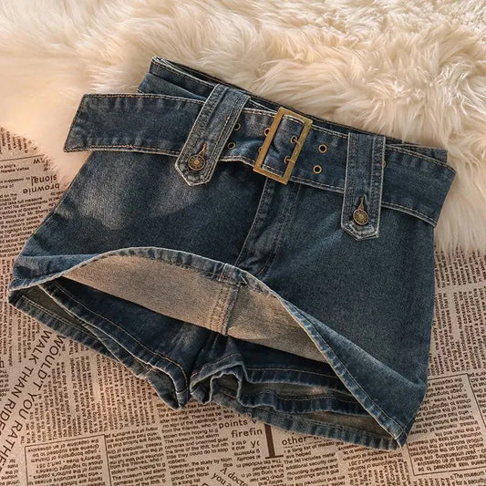 LVSANW Gidyq Vintage Women Denim Mini Skirts Summer Solid Belt Sexy Jeans Skirts Female Casual Ball Gown Korean Slim A Line Skirts New