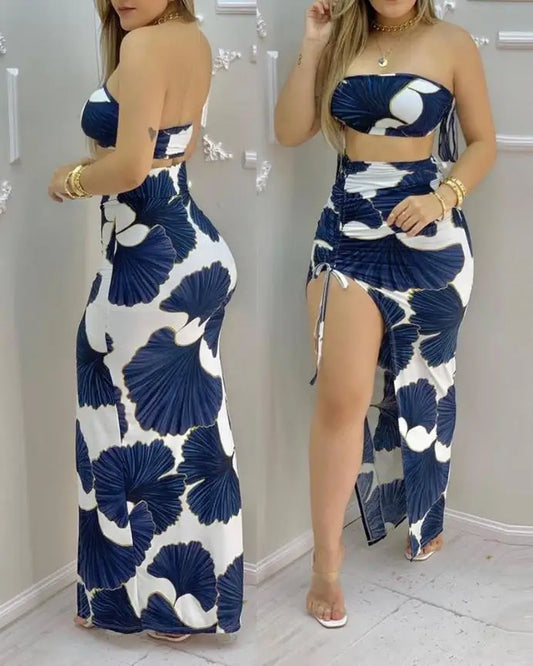 LVSANW Ginkgo Print Bandeau Crop Top & Drawstring High Slit Skirt Set Two Peice Set for Women Casual New Fashion 2024 Summer Sexy