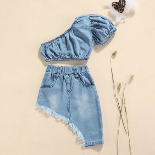 LVSANW Girls Denim Clothes Set, Solid Color Short Sleeve Off-shoulder Cropped Tops + Irregular Hem Skirt