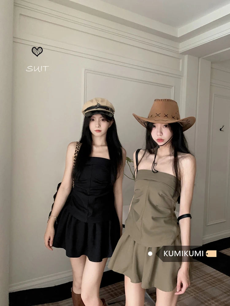 LVSANW GkyocQ Korean Fashion Hot Sexy Girls Two Piece Skirt Sets Slim Chest Wrapping Tops + A Line Mini Skirt Femlae New Summer Outfit