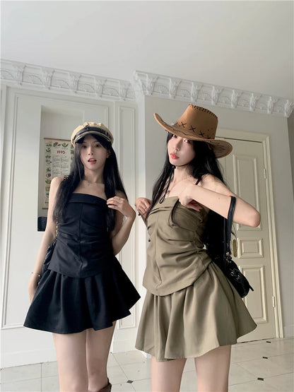 LVSANW GkyocQ Korean Fashion Hot Sexy Girls Two Piece Skirt Sets Slim Chest Wrapping Tops + A Line Mini Skirt Femlae New Summer Outfit