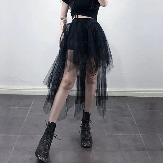 LVSANW Gothic Black Tulle Skirt Women Summer Fashion High Waist Streetwear Irregular Midi Skirts Chic Dark Series Punk Stitching Skirts