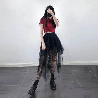 LVSANW Gothic Black Tulle Skirt Women Summer Fashion High Waist Streetwear Irregular Midi Skirts Chic Dark Series Punk Stitching Skirts