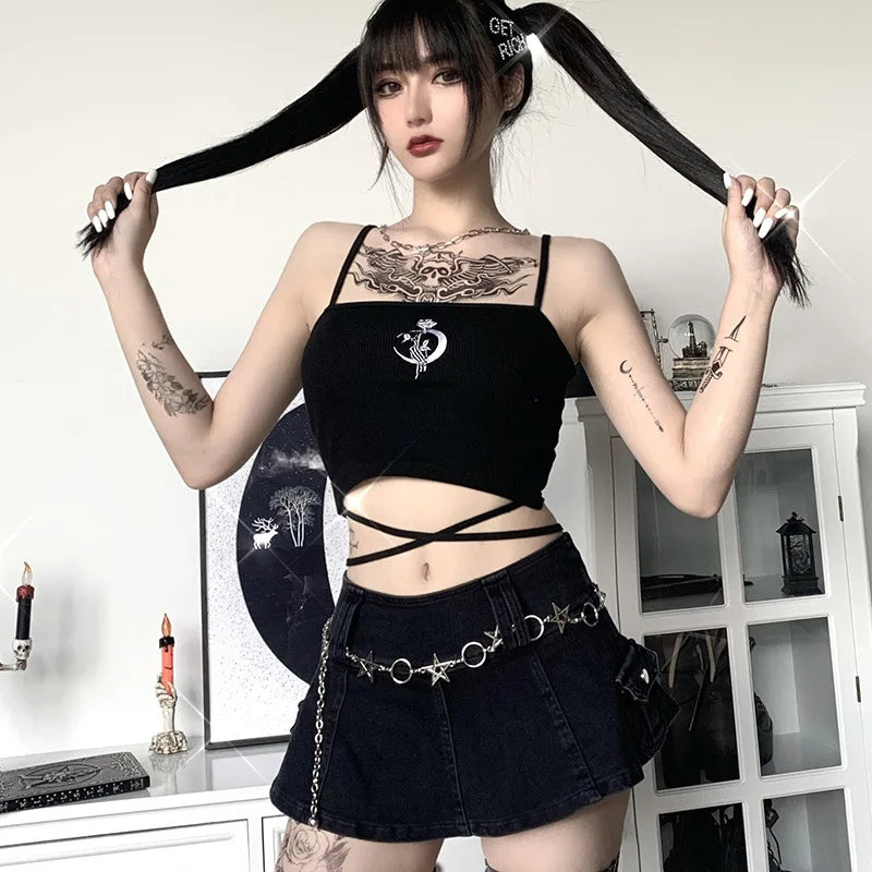 LVSANW Gothic Women's Print Suspender Sleeveless Square Neck Slim Crop Top Sexy Halter Bottoming Shirt 2024 Girls Party Wear