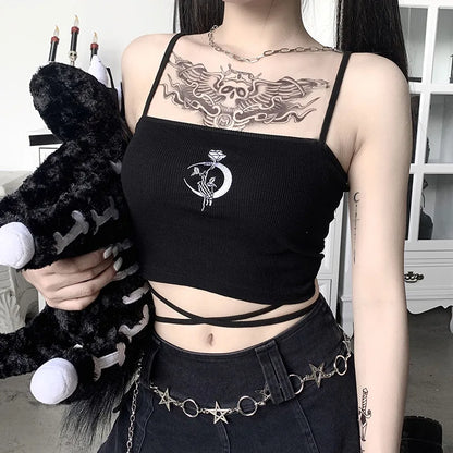 LVSANW Gothic Women's Print Suspender Sleeveless Square Neck Slim Crop Top Sexy Halter Bottoming Shirt 2024 Girls Party Wear