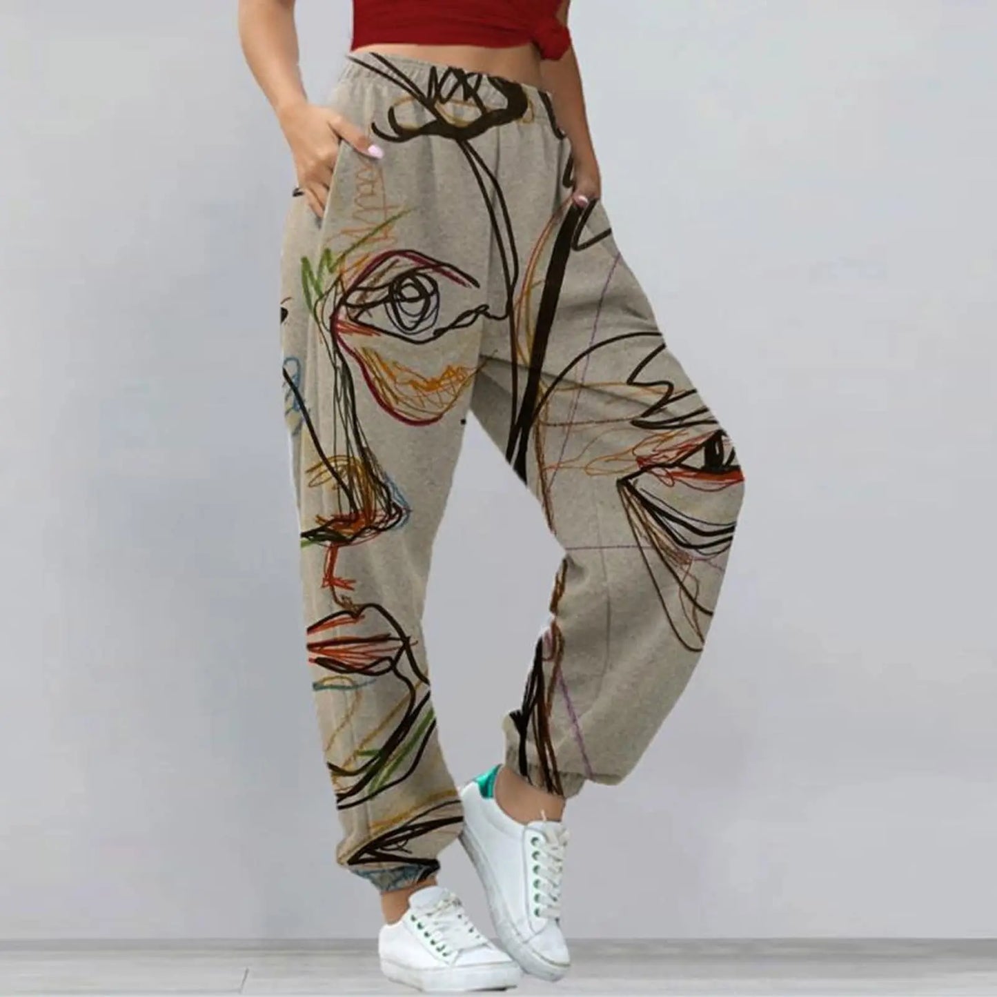 LVSANW Graffiti Face Art Print Harem Pants Casual High Waist Elastic Long Length Pants With Pockets Women Fashion Sweatpants