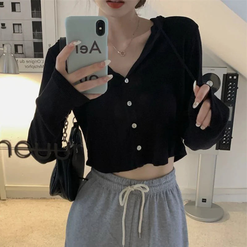 LVSANW Gray Thin Hooded Knitted Cardigan Women Streetwear Single Breasted Y2K Crop Tops Woman Autumn Casual Long Sleeve Knitwear Coat