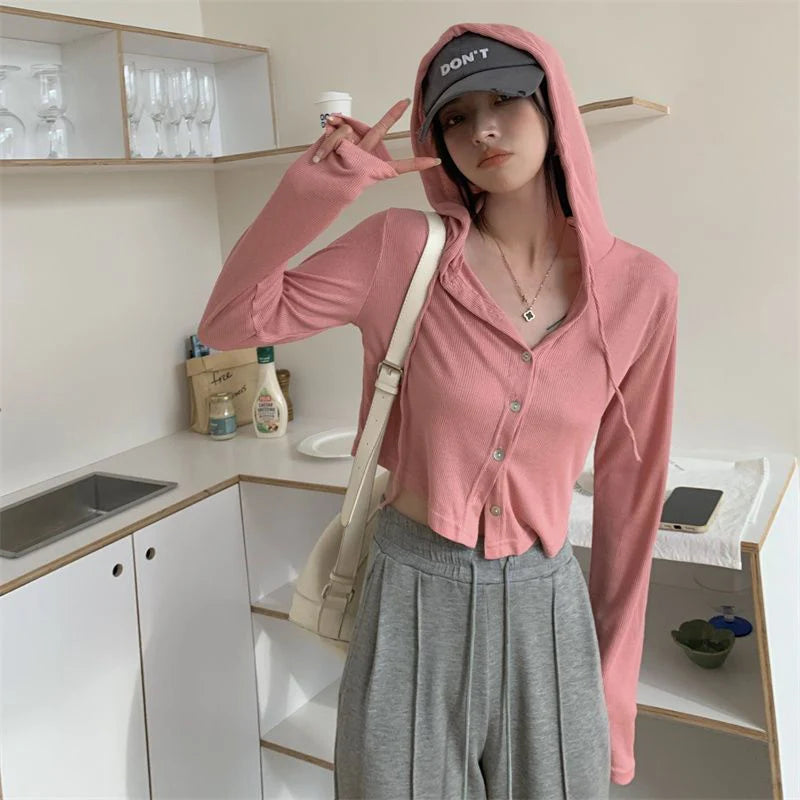 LVSANW Gray Thin Hooded Knitted Cardigan Women Streetwear Single Breasted Y2K Crop Tops Woman Autumn Casual Long Sleeve Knitwear Coat