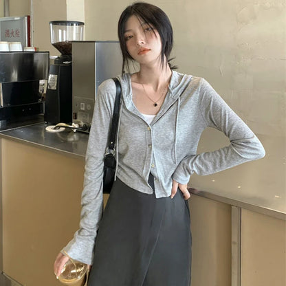 LVSANW Gray Thin Hooded Knitted Cardigan Women Streetwear Single Breasted Y2K Crop Tops Woman Autumn Casual Long Sleeve Knitwear Coat