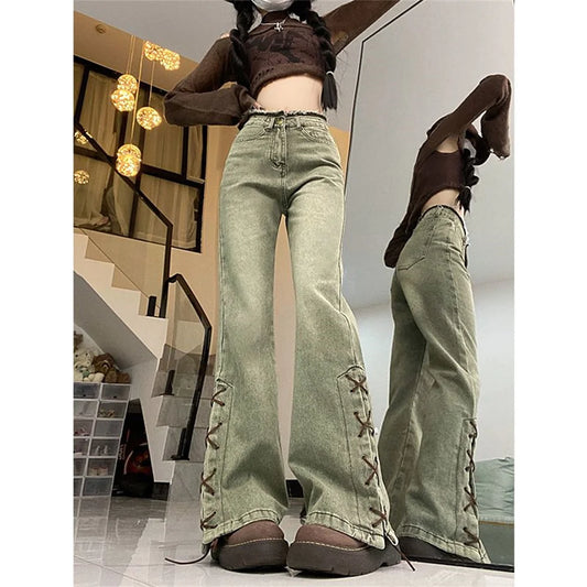 LVSANW Green Design Wide Leg Straight Loose Denim Trousers Y2K Baggy Pants Harajuku Streetwear Y2K Retro Fashion Women High Waist Jeans