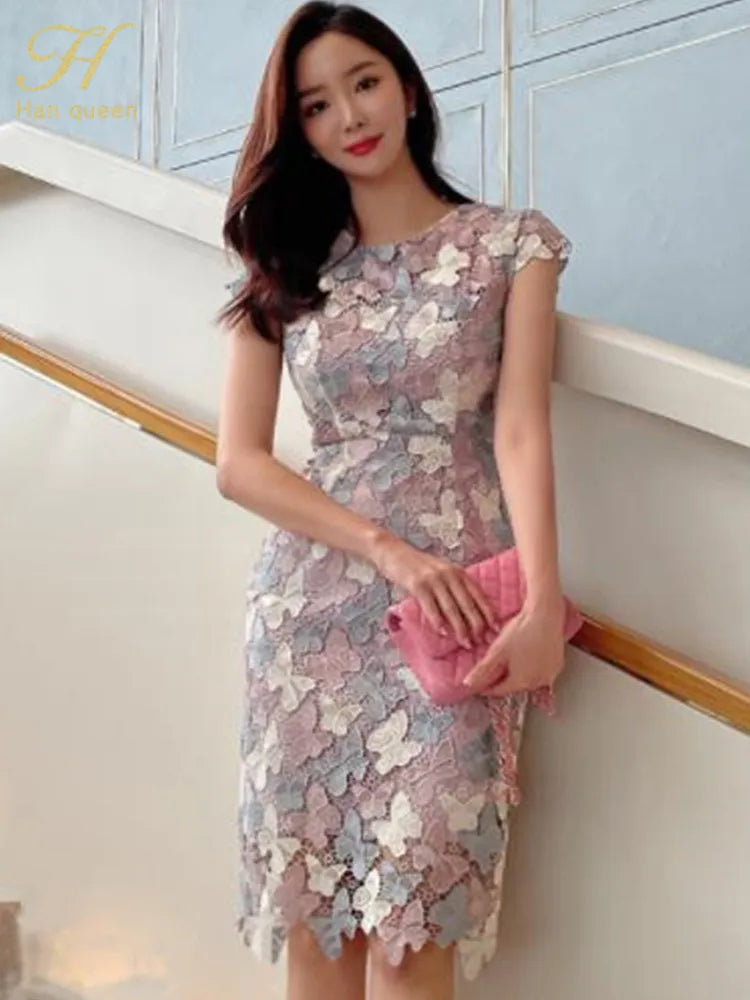 LVSANW H Han Queen 2024 Summer Elegant Chic Lace Dresses Women Korean Retro Vestidos Fashion Color Blocking Office Party Casual Dress