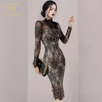 LVSANW H Han Queen Autumn New See Through Lace Vestidos Korean Fashion Crochet Flowers Pencil Dress Elegant Simple Party Women Dresses