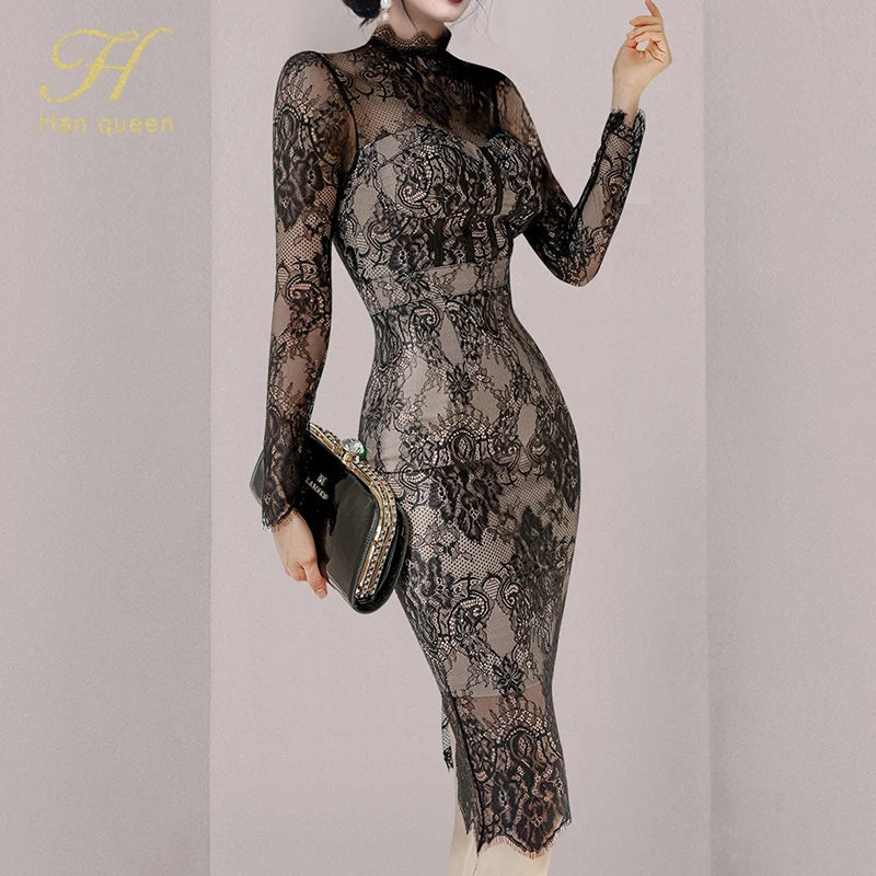 LVSANW H Han Queen Autumn New See Through Lace Vestidos Korean Fashion Crochet Flowers Pencil Dress Elegant Simple Party Women Dresses