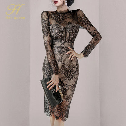 LVSANW H Han Queen Autumn New See Through Lace Vestidos Korean Fashion Crochet Flowers Pencil Dress Elegant Simple Party Women Dresses