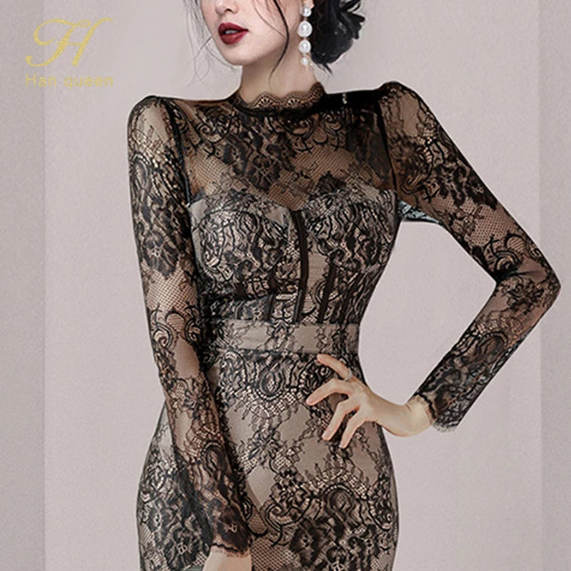 LVSANW H Han Queen Autumn New See Through Lace Vestidos Korean Fashion Crochet Flowers Pencil Dress Elegant Simple Party Women Dresses