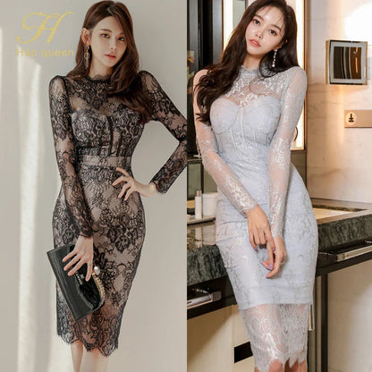 LVSANW H Han Queen New Spring Elegant Crochet See Through Lace Dress Women Korean Mid Sheath Pencil Dresses Party Bodycon Vestidos