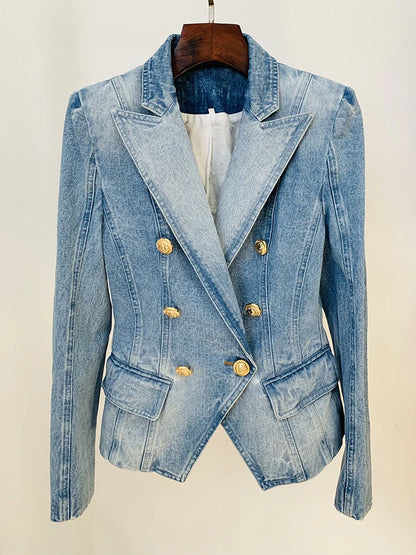 LVSANW HIGH STREET Newest 2024 Designer Jacket Women's Slim Fitting Double Breasted Lion Buttons Denim Blazer