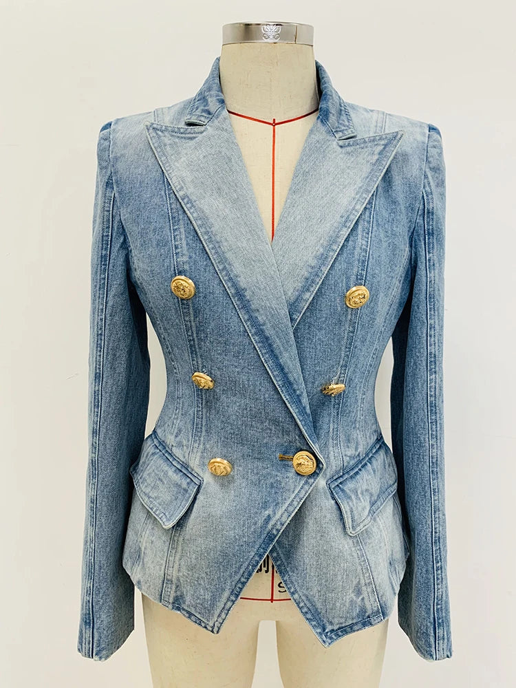 LVSANW HIGH STREET Newest 2024 Designer Jacket Women's Slim Fitting Double Breasted Lion Buttons Denim Blazer