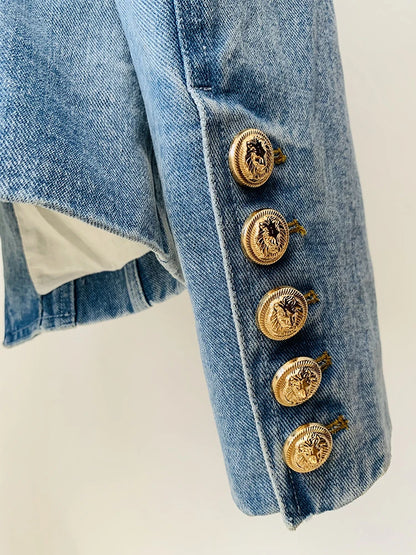 LVSANW HIGH STREET Newest 2024 Designer Jacket Women's Slim Fitting Double Breasted Lion Buttons Denim Blazer