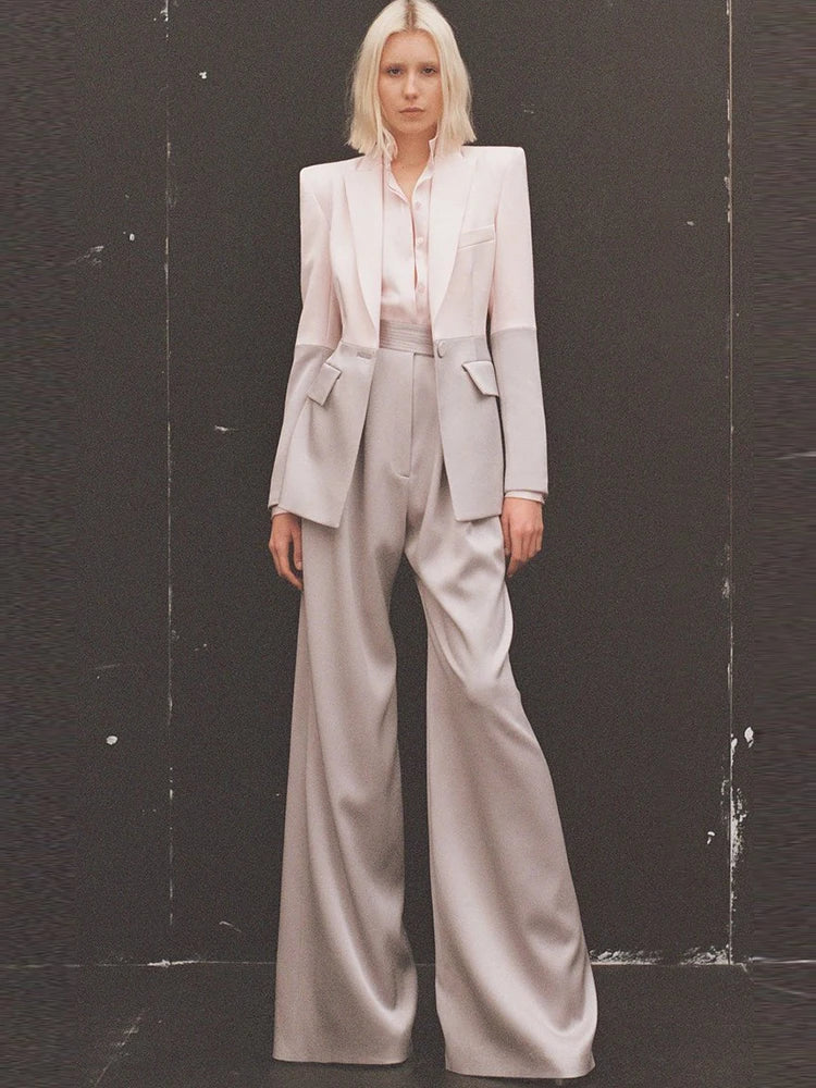 LVSANW HIGH STREET Newest 2024 S/S Runway Designer Suit Set Women's Career Fashion Single Button Color Block Blazer Wide Pants Suit