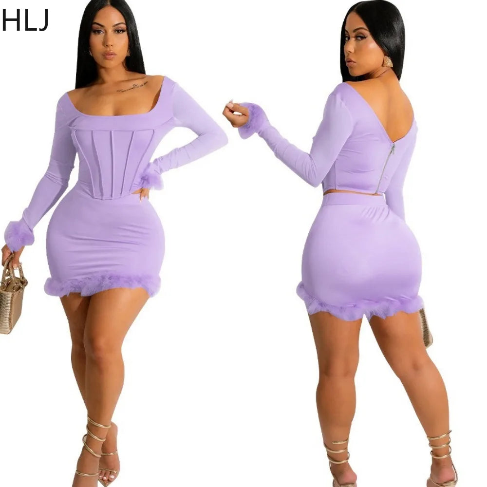 LVSANW HLJ Fashion Hot Girl Bodycon Feather Splicing Mini Skirts Two Piece Sets Women Long Sleeve Corset Top And Skirt Nightclub Outfit