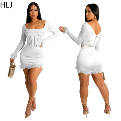 LVSANW HLJ Fashion Hot Girl Bodycon Feather Splicing Mini Skirts Two Piece Sets Women Long Sleeve Corset Top And Skirt Nightclub Outfit