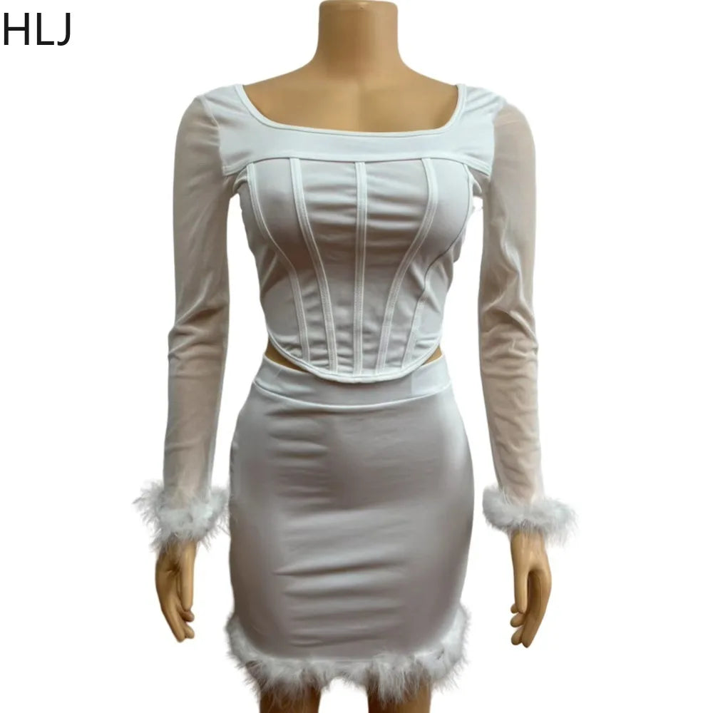 LVSANW HLJ Fashion Hot Girl Bodycon Feather Splicing Mini Skirts Two Piece Sets Women Long Sleeve Corset Top And Skirt Nightclub Outfit