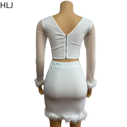 LVSANW HLJ Fashion Hot Girl Bodycon Feather Splicing Mini Skirts Two Piece Sets Women Long Sleeve Corset Top And Skirt Nightclub Outfit