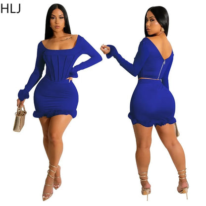 LVSANW HLJ Fashion Hot Girl Bodycon Feather Splicing Mini Skirts Two Piece Sets Women Long Sleeve Corset Top And Skirt Nightclub Outfit