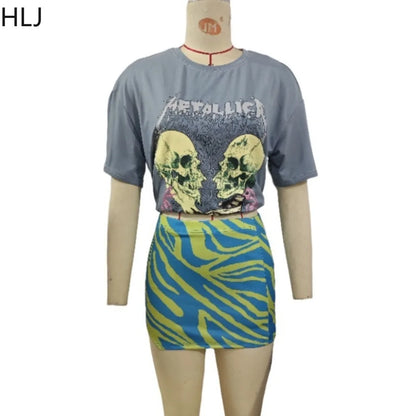 LVSANW HLJ Fashion Y2K Streetwear Women Pattern Print Round Neck Short Sleeve Tshirt And Mini Skirts Two Piece Sets Summer 2pcs Outfits