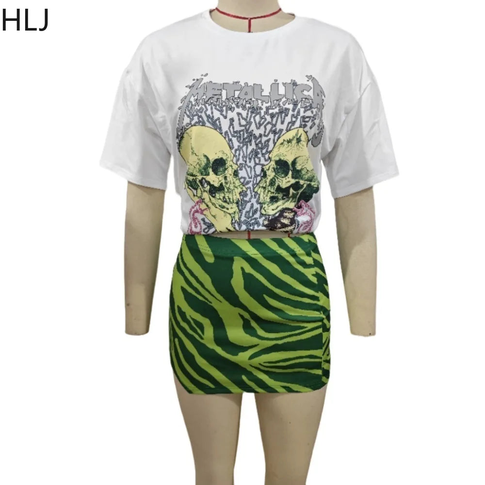 LVSANW HLJ Fashion Y2K Streetwear Women Pattern Print Round Neck Short Sleeve Tshirt And Mini Skirts Two Piece Sets Summer 2pcs Outfits