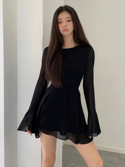 LVSANW HOUZHOU Backless Black Dress Women Elegant Back Hollow Out Lace-up Long Sleeve Mesh Patchwork Sexy Slim Ruffle Mini Dress Party