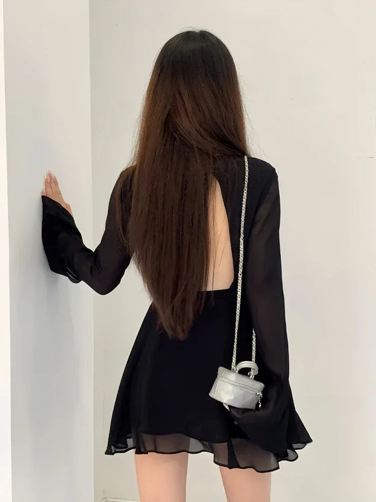 LVSANW HOUZHOU Backless Black Dress Women Elegant Back Hollow Out Lace-up Long Sleeve Mesh Patchwork Sexy Slim Ruffle Mini Dress Party