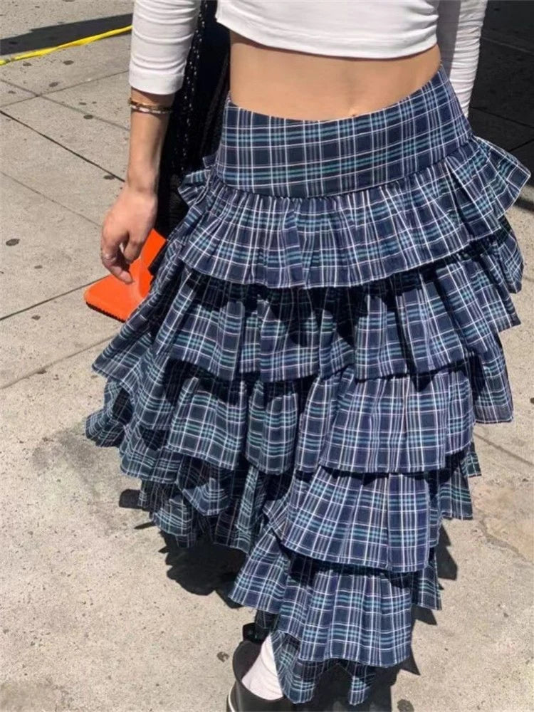 LVSANW HOUZHOU Japanese Style Plaid Skirt Women Streetwear Ruffles Patchwork Pleated Cake Midi Skirt Summer Fashion Harajuku Vintage