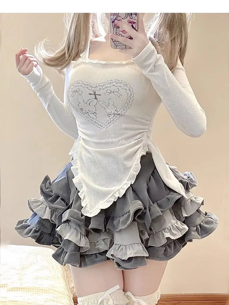 LVSANW HOUZHOU Kawaii Harajuku Skirt Sets Women 2000s Aesthetic Clubwear Two Piece Japanese Y2k Ruffles Long Sleeve Tees Off Shoulder