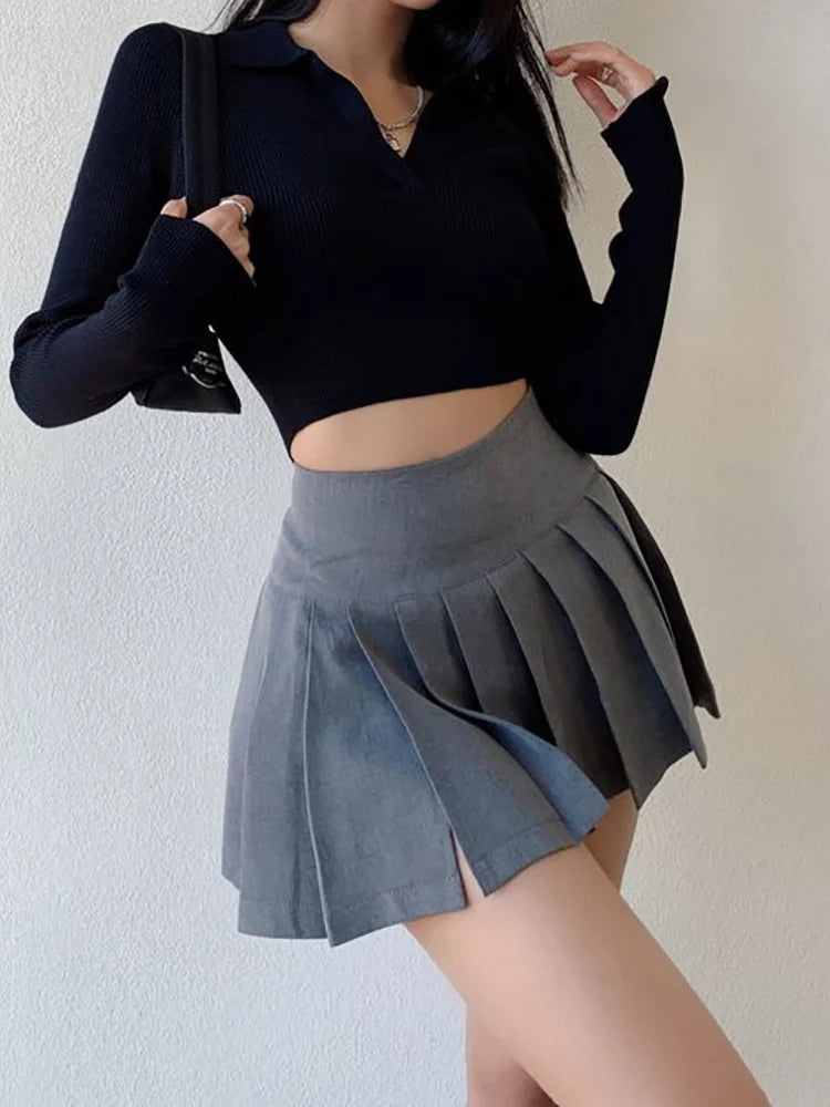 LVSANW HOUZHOU Sexy Split Pleated Miniskirt Women Preppy High Waist A-line Slim Micro Outdoor Sex Skirt Pants Summer Outfits Club Wear